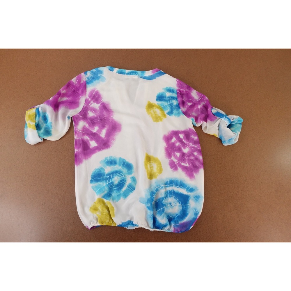 Calvin Klein Womens Small Colorful Tie Dye Chiffon Pleated 3/4 Sleeve V Neck Top - Picture 3 of 9
